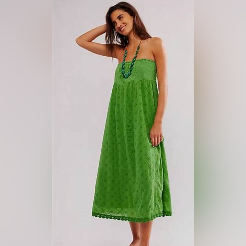 Free People Strapless Green Eyelet Midi Dress